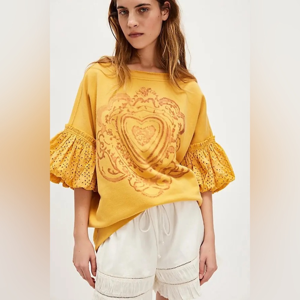 NWT FREE PEOPLE Doily Sweatshirt - Mustard - Picture 2 of 9